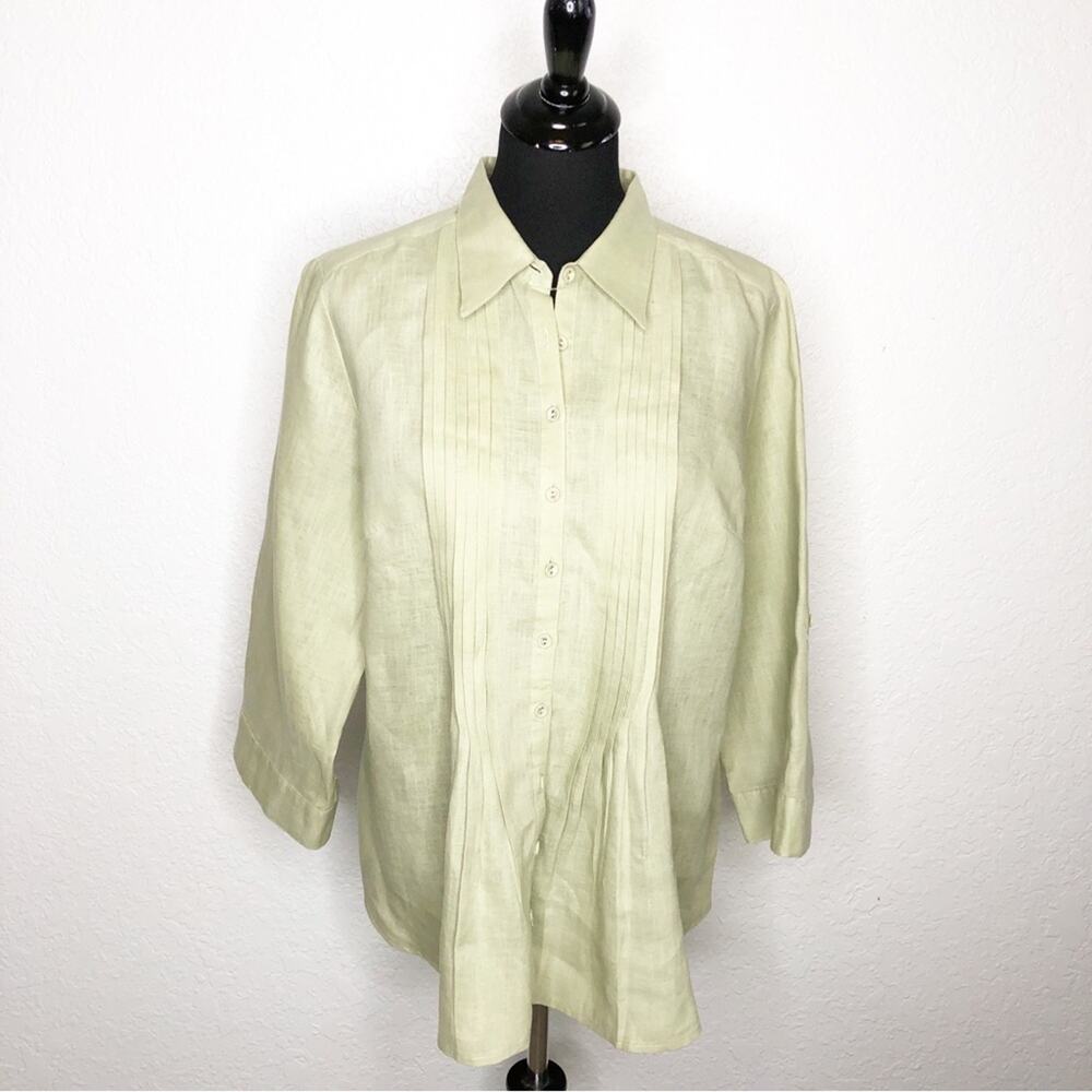 Alexandra Bartlett sage green pleated button down linen top size Extra Large XL